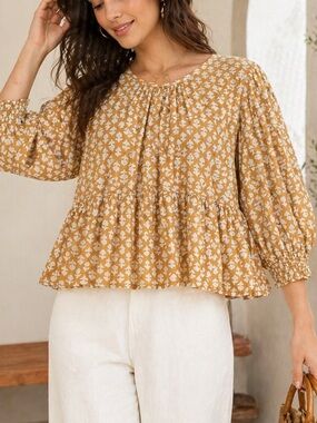 Perry Walker Cotton Peplum Blouse Mustard Floral Boho Cottagecore Size 1/ XS-S